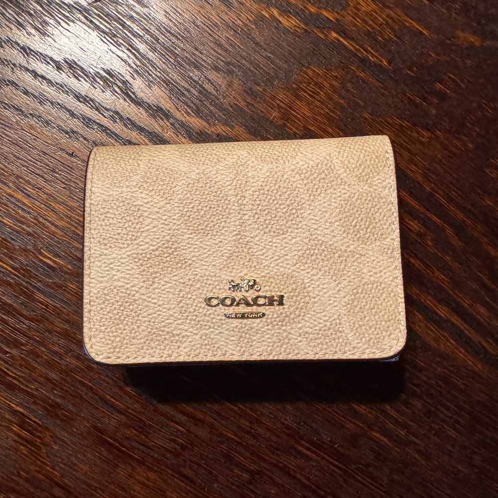 Coach Compact Signature Bi-Fold Wallet in Light Beige with Gold Logo